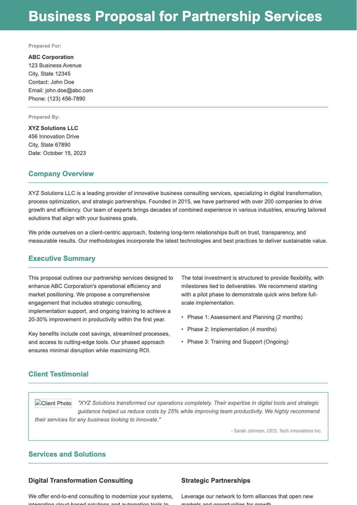 Modern business proposal template with green header and client testimonial section_variant_3